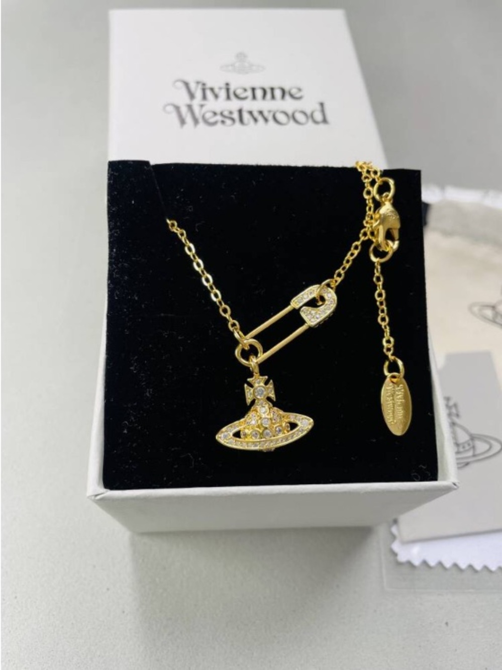 Vivienne Westwood Gold Crystal pave Satety Pin Necklace